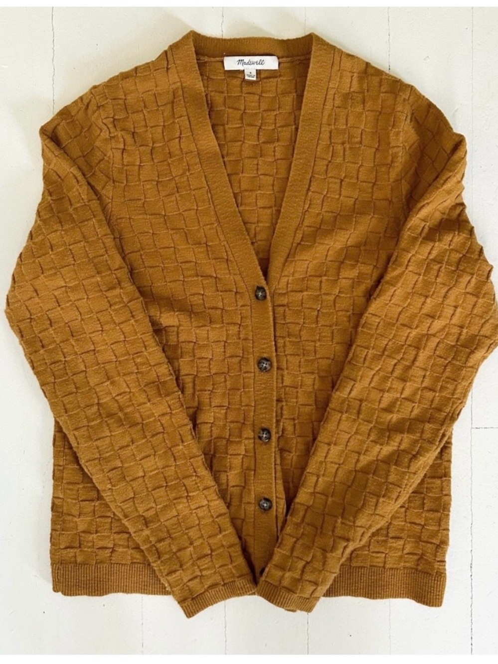Madewell Malvern Slim Checkerboard Knit Gold Cardigan, EUC Small